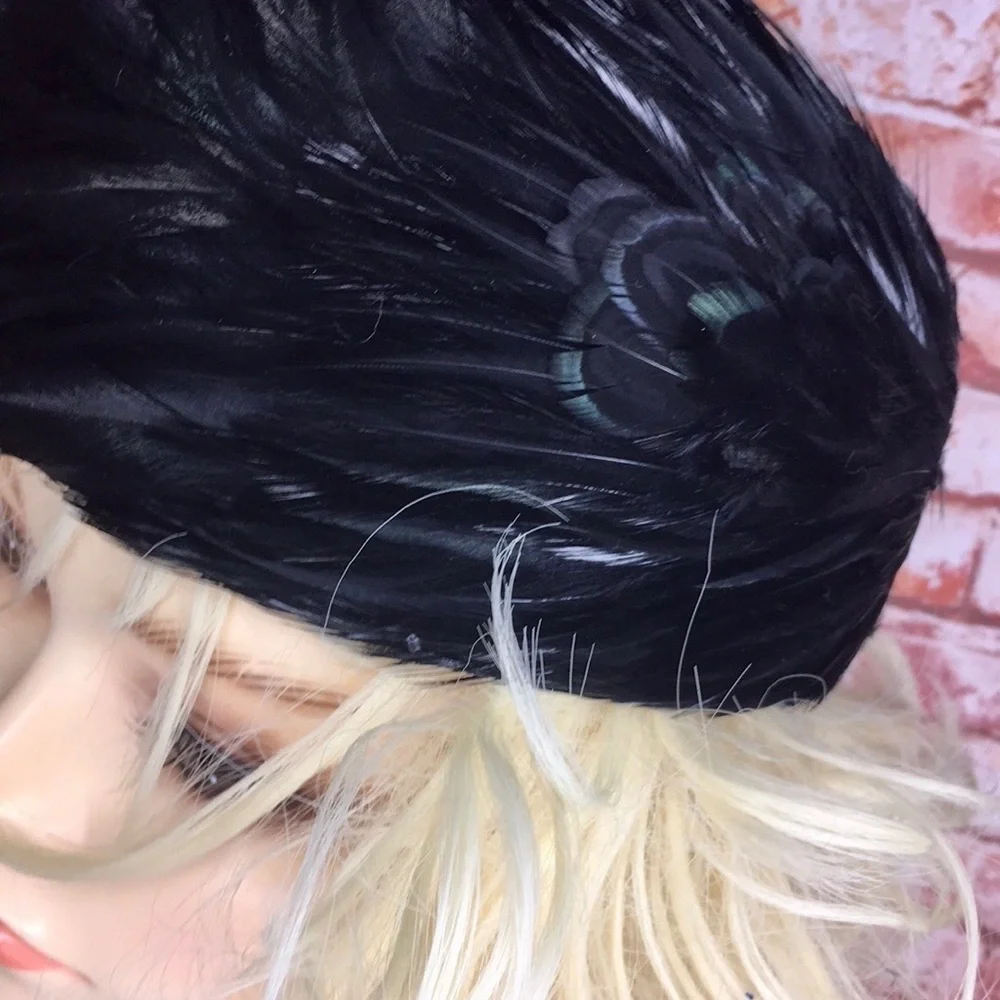 Vintage MCM Mr. John's Black Iridescent Feather Toque Hat in Original Box